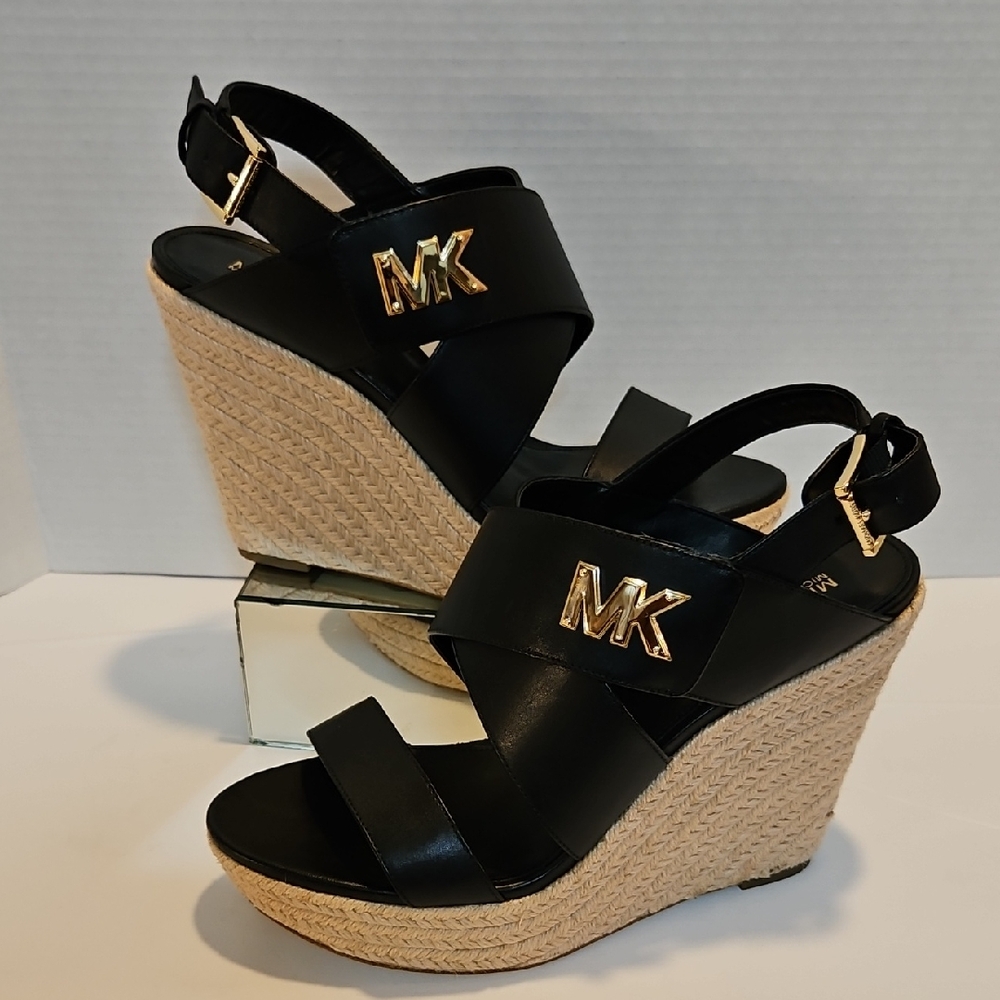 Michael Kors Black and Tan Wedge Sandals with Cork Heel